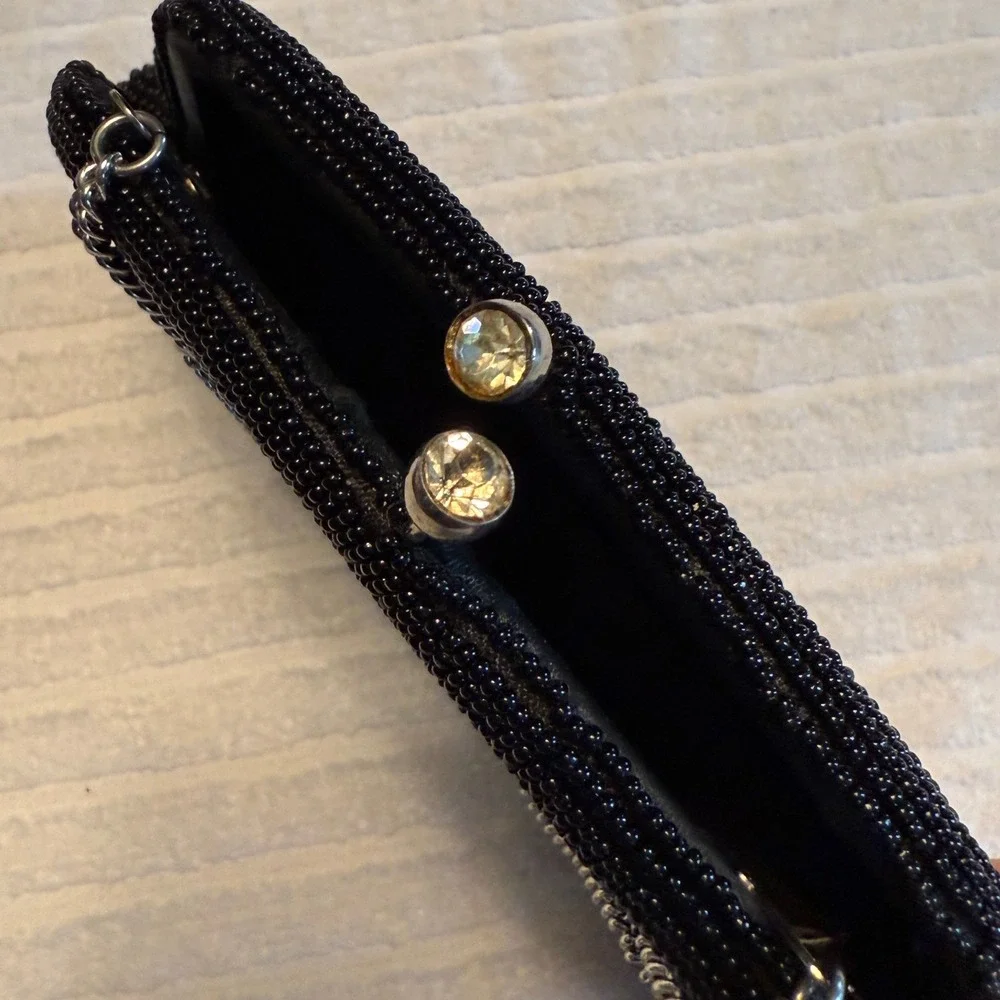 Vintage‎ Made in Japan Black Beaded Evening Purse Rhinestone Clasp Chain Handle